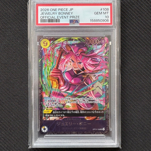 PSA10 OP13_108 JEWELRY BONNEY FS *Flagship Event Prize - For JP* One Piece TCG Authentic Japanese Slab PSA 10 AA Promo