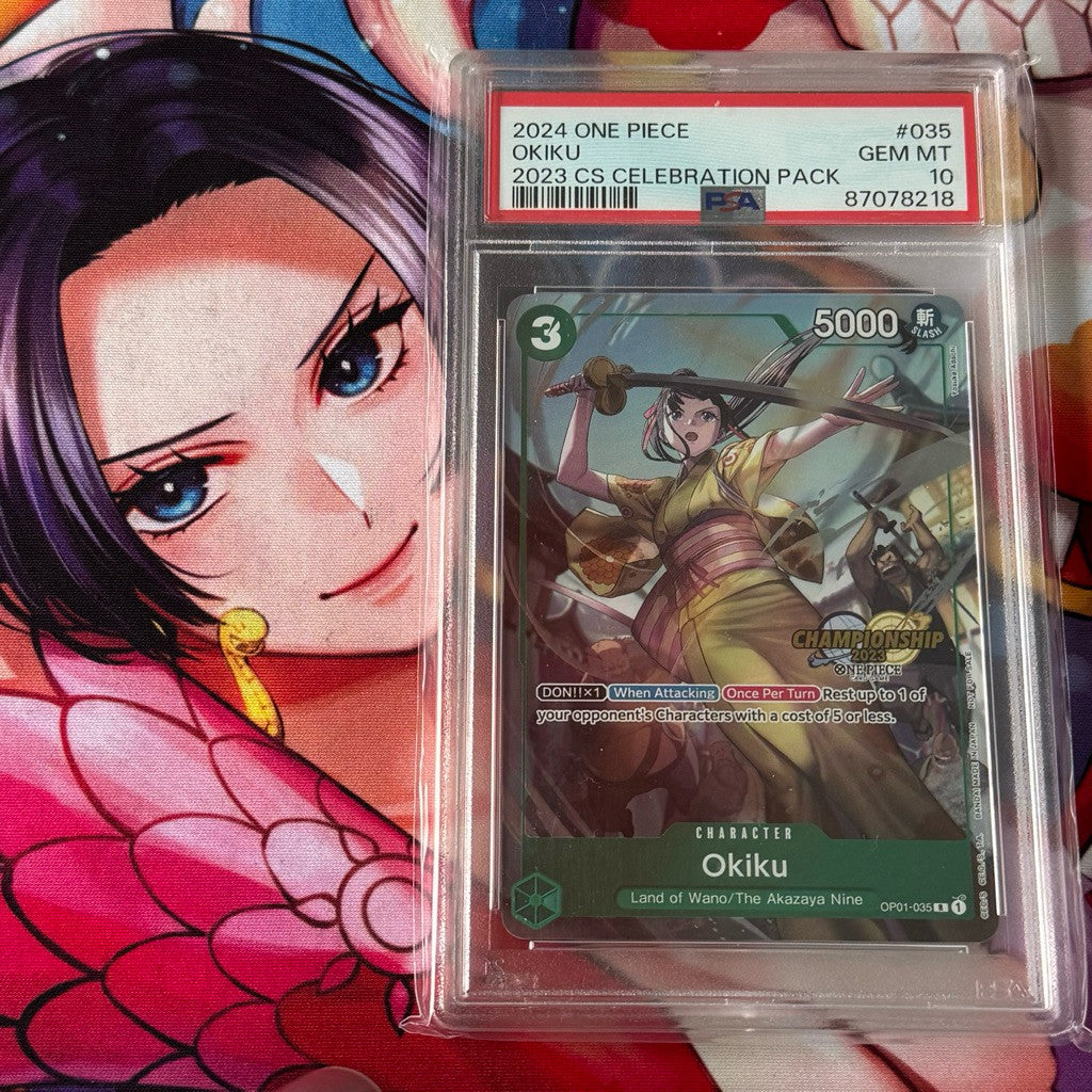 OP01_035* OKIKU *Championship 2023* ENGLISH PSA10 GRADED SLAB GEM MINT One Piece TCG AA PSA 10