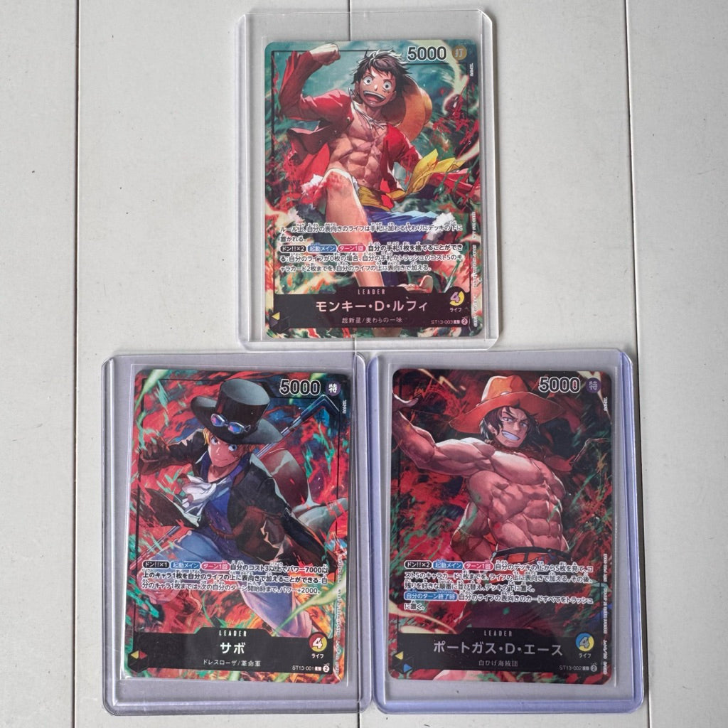 ST13_001, 002 and 003 LUFFY, Portgas D. ACE and SABO (3 Brothers) SEALED SET *7-11 Japan Promo AA Leaders* One Piece TCG